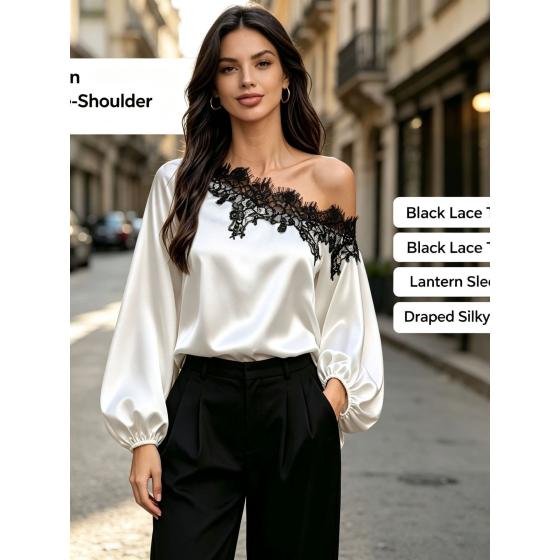 2026 New European and American Women's Fashion Lace Patchwork Asymmetrical Shoulder Slimming Elegant Top