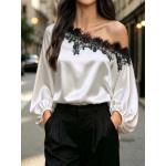 2026 New European and American Women's Fashion Lace Patchwork Asymmetrical Shoulder Slimming Elegant Top