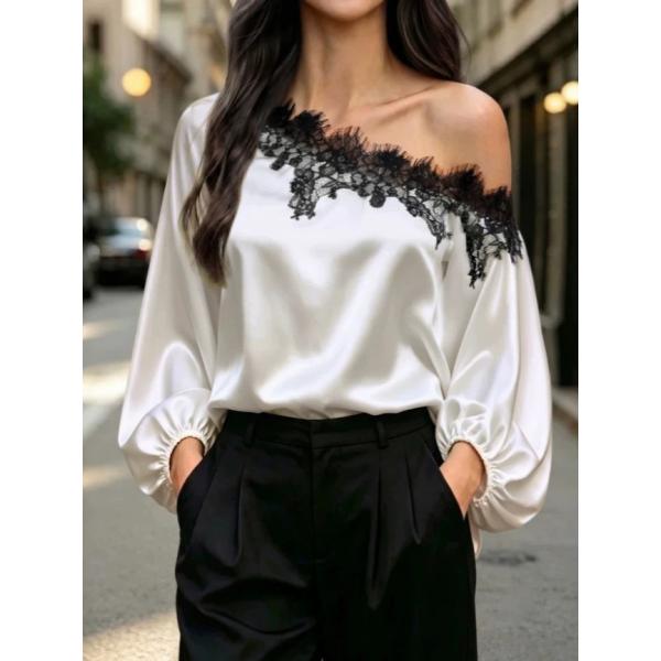 2026 New European and American Women's Fashion Lace Patchwork Asymmetrical Shoulder Slimming Elegant Top