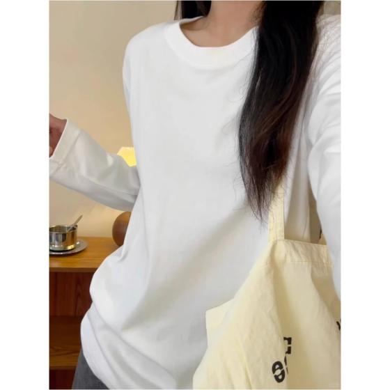 Xinjiang Pure Cotton White Long-Sleeved T-Shirt for Women, Autumn Inner Wear, Versatile Casual Top, Pure Cotton Long-Sleeved T-Shirt for Women