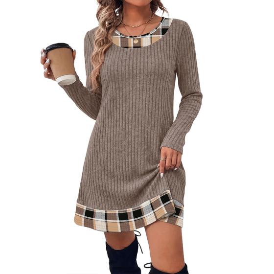 Amazon Women's Clothing Comfortable Casual Round Neck Patchwork Basic Fashion Long Sleeve Dress
