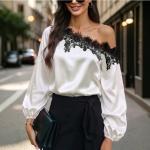 2026 New European and American Women's Fashion Lace Patchwork Asymmetrical Shoulder Slimming Elegant Top