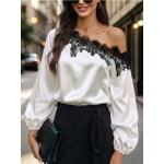 2026 New European and American Women's Fashion Lace Patchwork Asymmetrical Shoulder Slimming Elegant Top