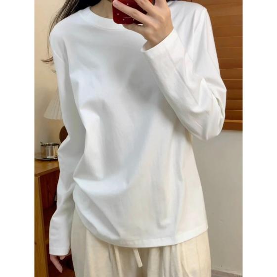 Xinjiang Pure Cotton White Long-Sleeved T-Shirt for Women, Autumn Inner Wear, Versatile Casual Top, Pure Cotton Long-Sleeved T-Shirt for Women