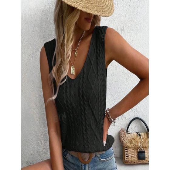 Cross-border ready-to-ship spring/summer European and American casual V-neck knitted top with openwork design, perfect for vacations. Independent e-commerce platform for cross-border women's clothing