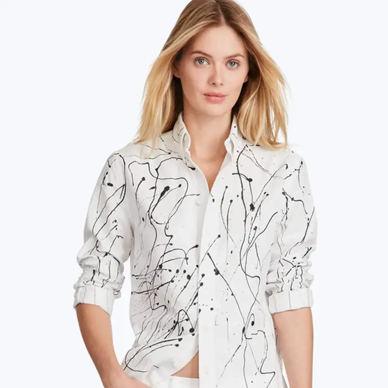 Women's Black & White Abstract Printed Long-Sleeve Shirt, Button-Up Collar Blouse 812654